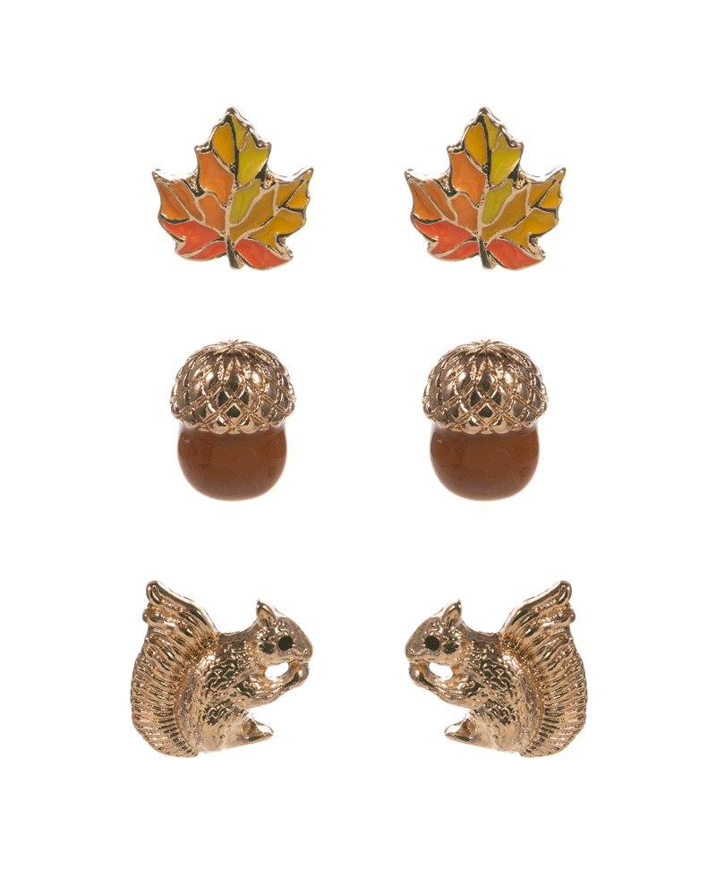 Leaf & Acorn & Squirrel 3 Set Hypo Earring - 0.75"