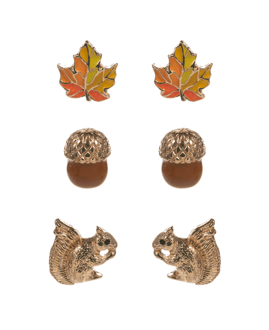 Leaf & Acorn & Squirrel 3 Set Hypo Earring - 0.75"