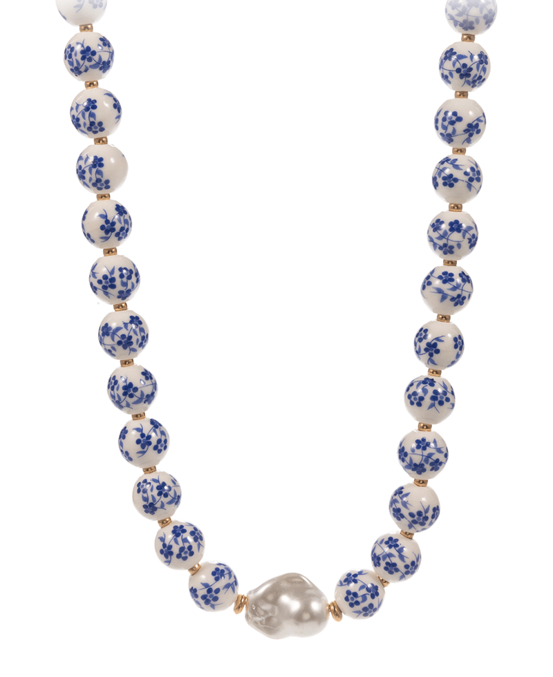 Ceramic Beads w/ Organic Shape Pearl Short Necklace - 16"