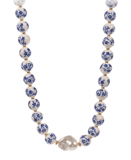 Ceramic Beads w/ Organic Shape Pearl Short Necklace - 16"