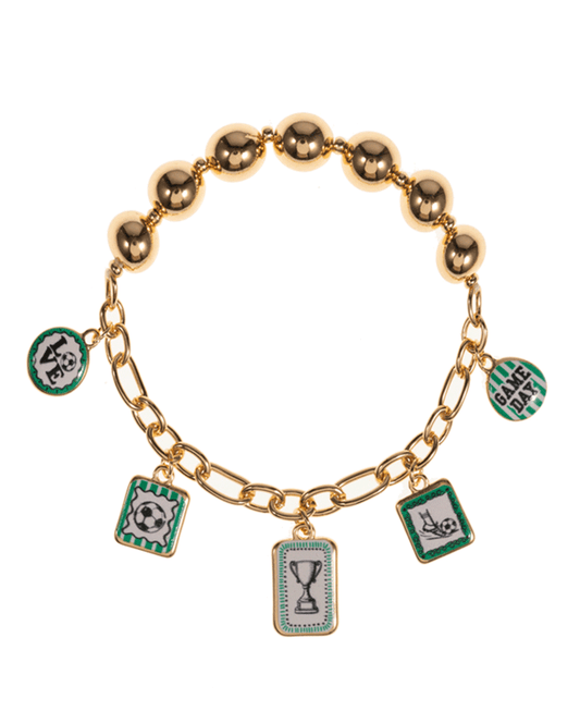 Soccer Themed Ceramic Like Printed Metal Charm Bracelet