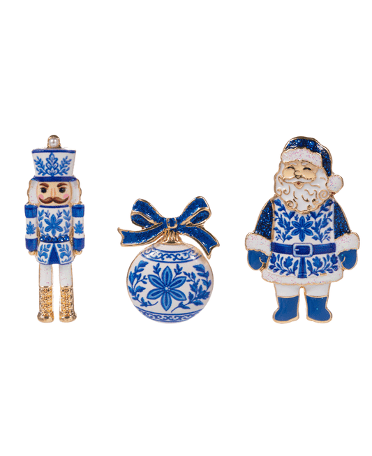Mixed Christmas Icons Enamel w/ Pattern Brooch Set - 1.5"