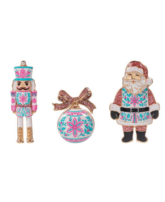 Mixed Christmas Icons Enamel w/ Pattern Brooch Set - 1.5"