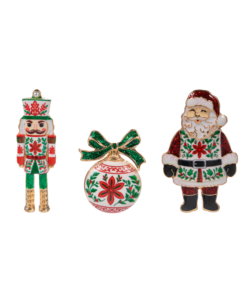 Mixed Christmas Icons Enamel w/ Pattern Brooch Set - 1.5"