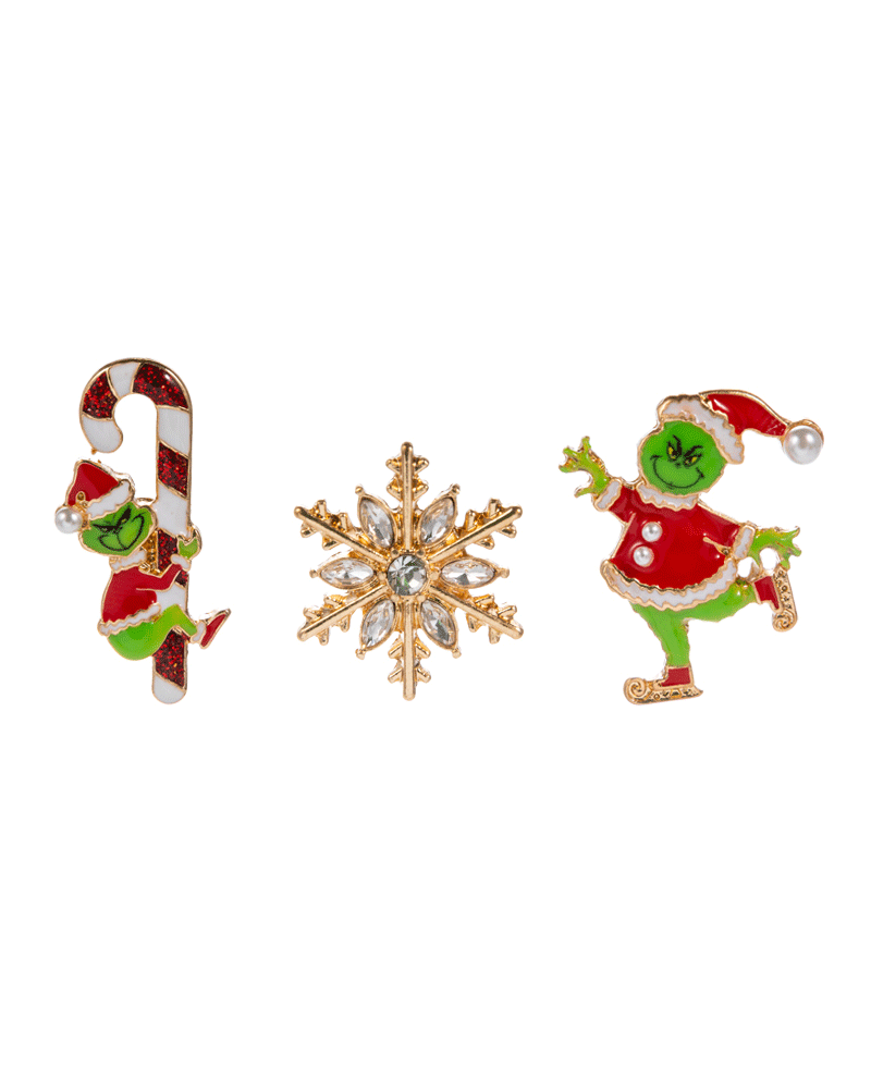 Mixed Christmas Green Monster & Snowflake 3 Set Brooch - 1.5"