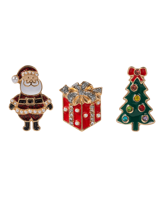 Mixed Christmas Icons Color Enamel & Stone Detail 3 Set Brooch - 1.0"