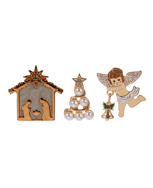 Nativity & Pearl Christmas Tree & Angell 3 Set Brooch - 1.0"
