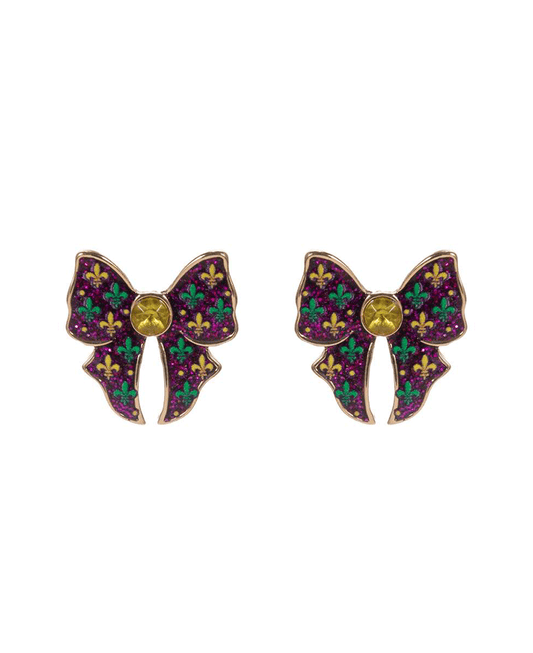Bow Shaped Enamel w/ Mardi Grass Color Pattern Earring - 0.75"