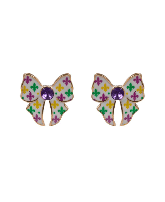 Bow Shaped Enamel w/ Mardi Grass Color Pattern Earring - 0.75"