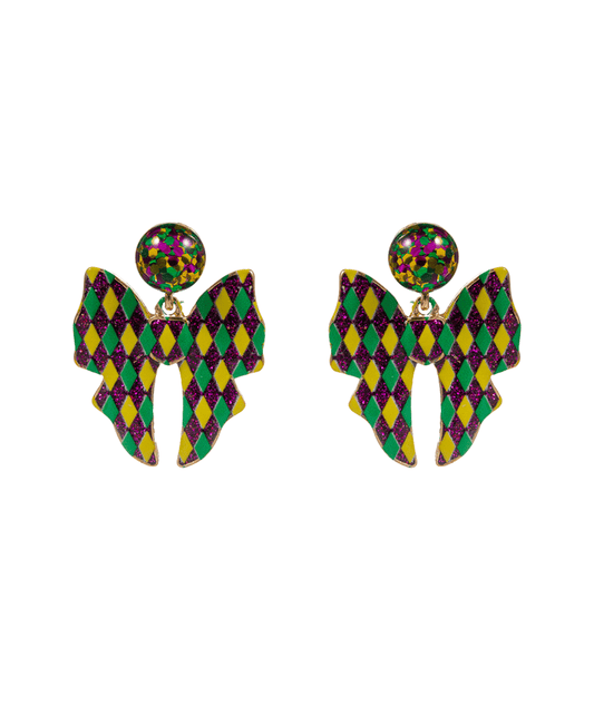 Bow Shaped Enamel w/ Mardi Grass Color Pattern Earring - 1.5"