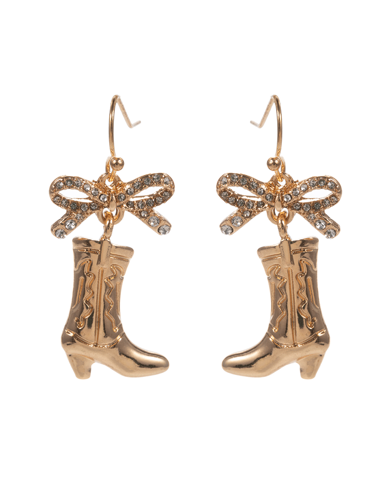 Boots Metal w/ Rhinestone Pave Bow Brass Earring - 1.5"