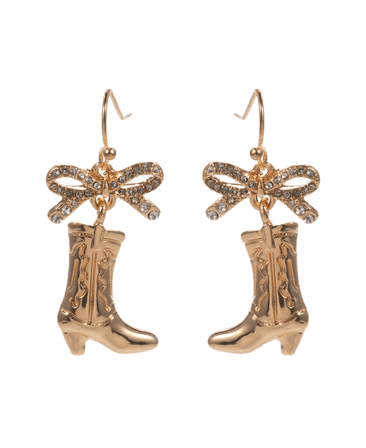 Boots Metal w/ Rhinestone Pave Bow Brass Earring - 1.5"