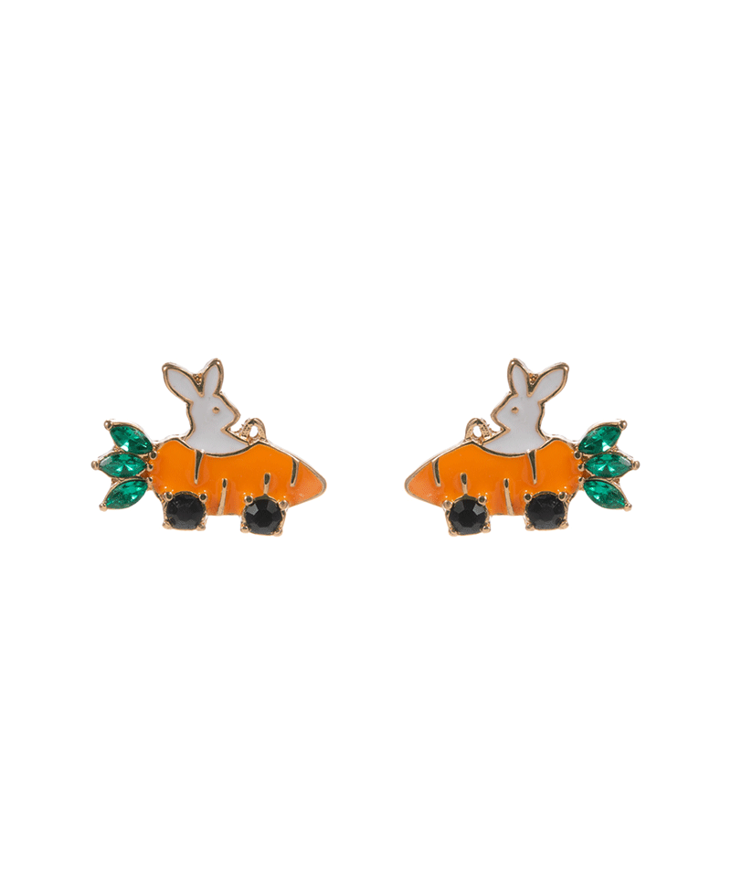 Enameled Carrot Car w/ Rabbit Hypo Titanium Post Earring - 0.5"