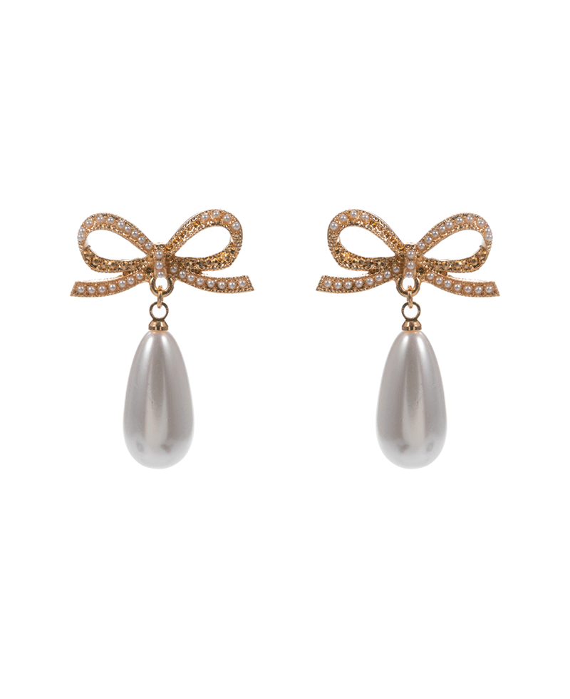 Pearl Paved Bow w/ Drop Pearl Hypo Titanium Post Earring - 1.5"