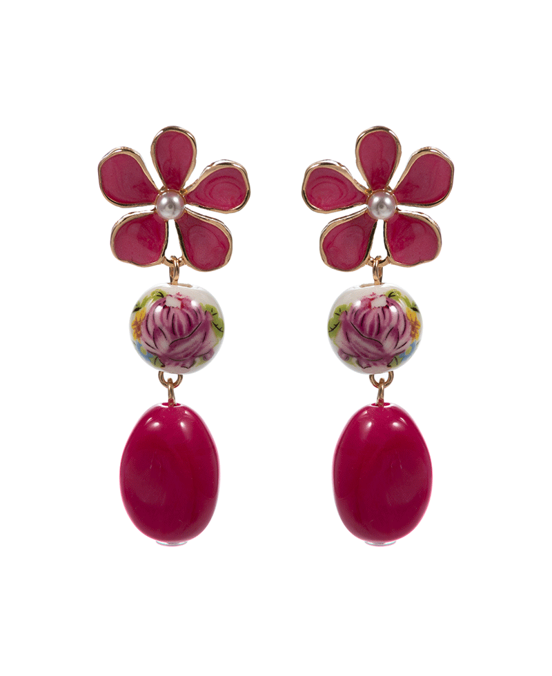 Enameled Flower w/ Ceramic & Resin Hypo Post Earring - 2.0"