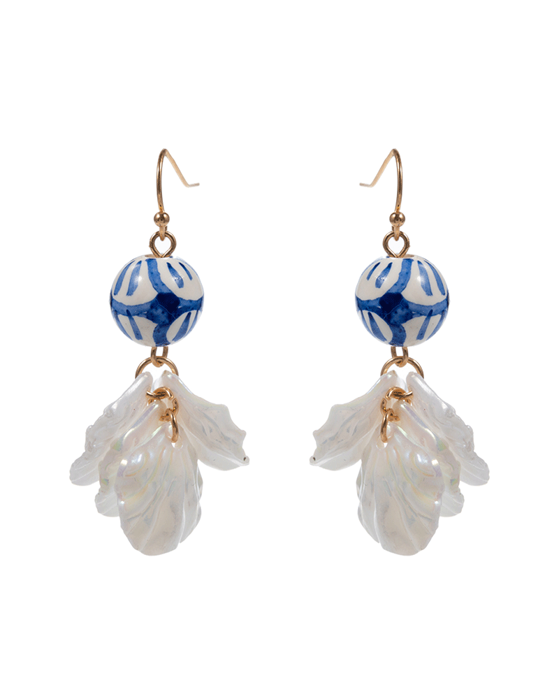 Ceramic Bead w/ Color Petals Brass Earring - 1.75"