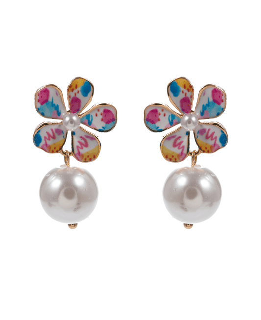 Enamel Flower w/ Pearl Post Earring - 1.5"