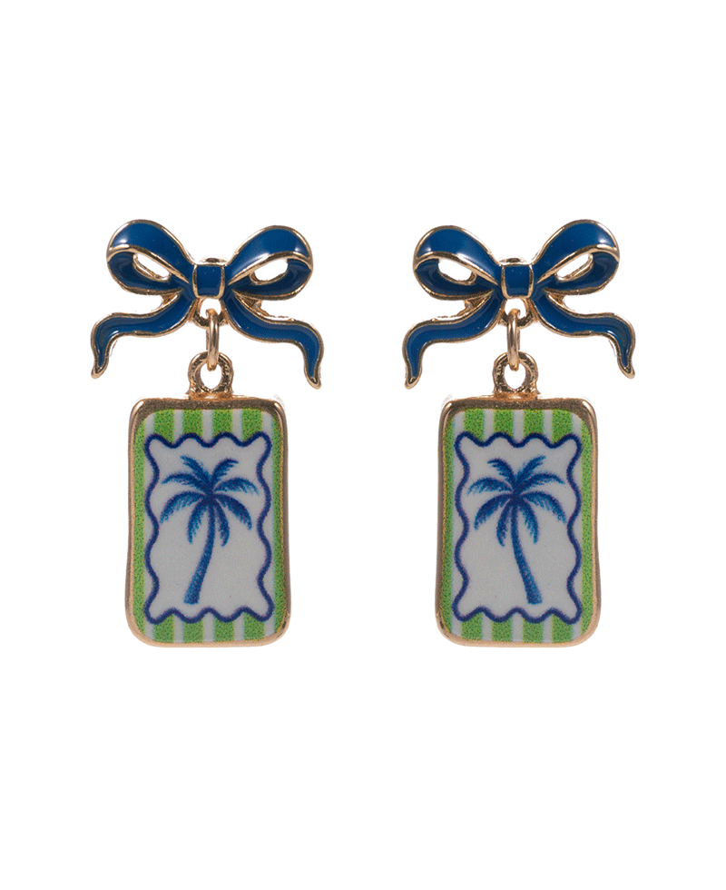 Bow Enamel w/ Palmtree Print Pot Earring - 1.25"