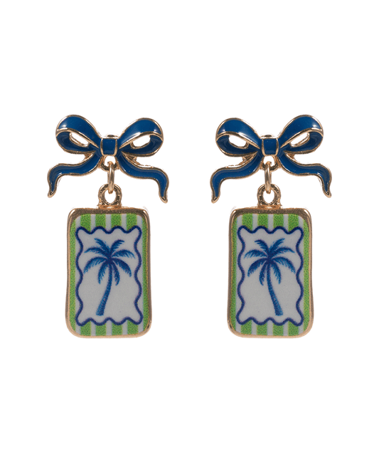 Bow Enamel w/ Palmtree Print Pot Earring - 1.25"