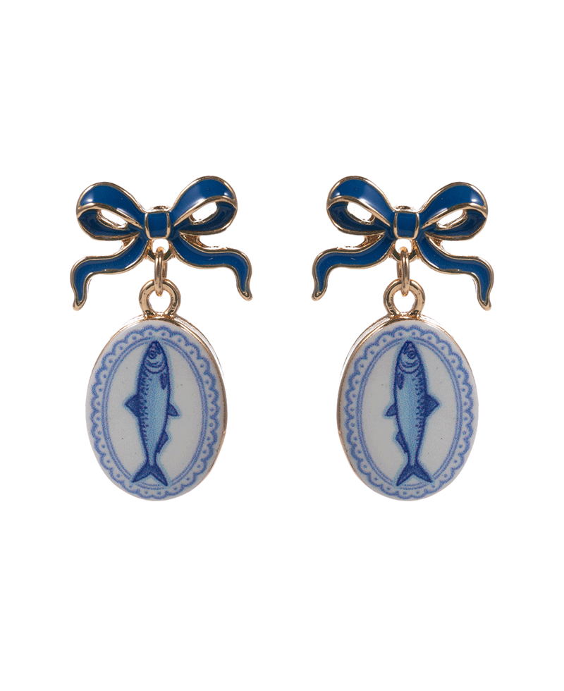 Bow Enamel w/ Sardine Print Post Earring - 1.25"