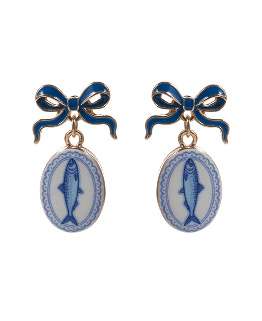 Bow Enamel w/ Sardine Print Post Earring - 1.25"