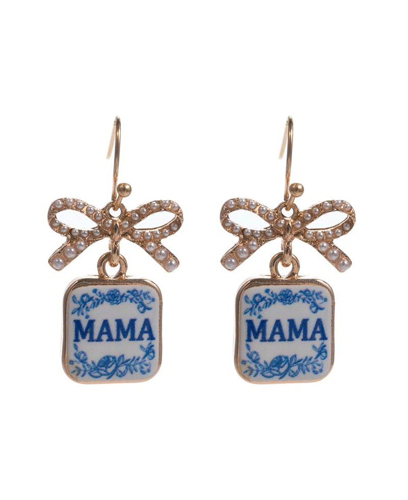 Pearl Pave Bow w/ MAMA Print Earring - 1.25"