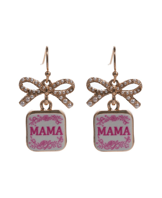 Pearl Pave Bow w/ MAMA Print Earring - 1.25"