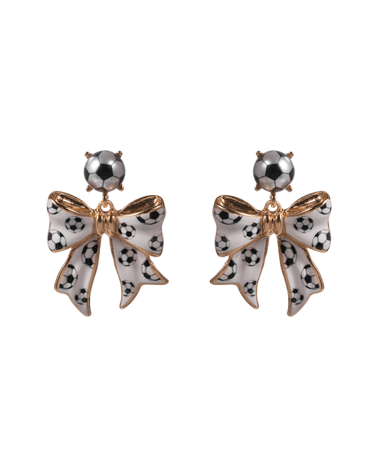 Soccer Ball Print Bow Enamel Hypo Earring - 1.5"
