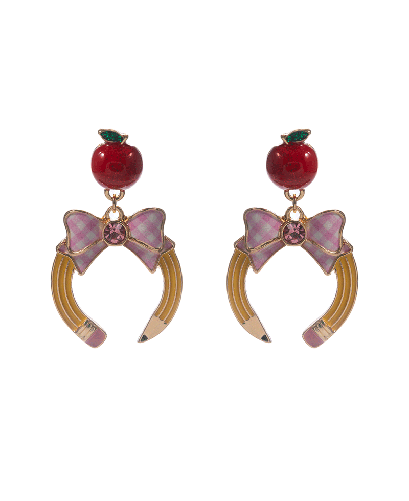 Apple w/ Pencil Enamel Hypo Titanium Earring - 1.75"