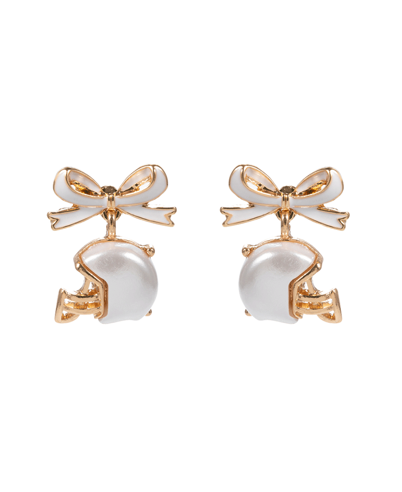Football Helmet Shaped Faux Pearl w/ Enameled Bow Earring - 1.0"