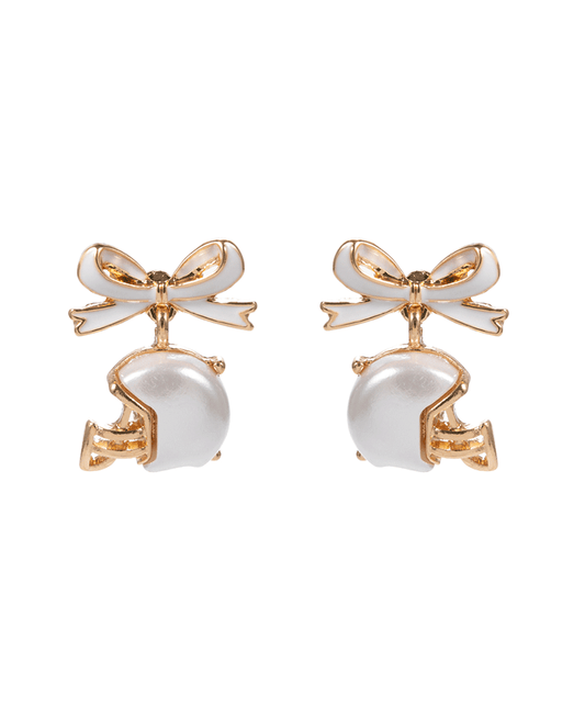 Football Helmet Shaped Faux Pearl w/ Enameled Bow Earring - 1.0"