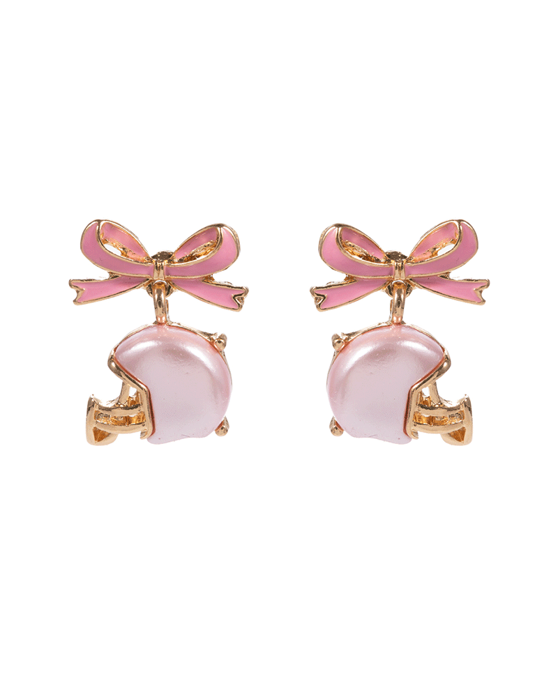 Football Helmet Shaped Faux Pearl w/ Enameled Bow Earring - 1.0"