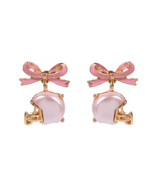 Football Helmet Shaped Faux Pearl w/ Enameled Bow Earring - 1.0"