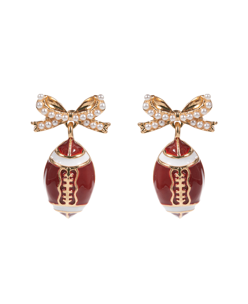 College Color Enameled Football w/ Pearl Paved Bow Earring - 1.25"