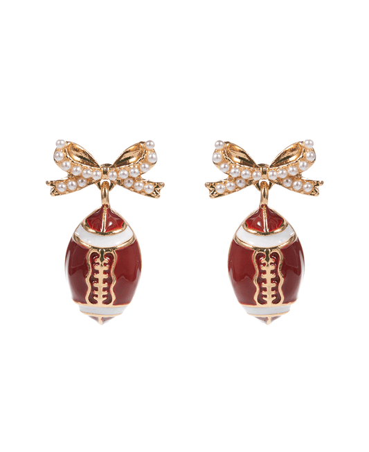 College Color Enameled Football w/ Pearl Paved Bow Earring - 1.25"