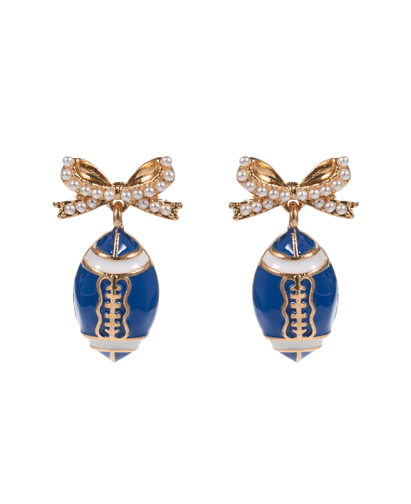 College Color Enameled Football w/ Pearl Paved Bow Earring - 1.25"