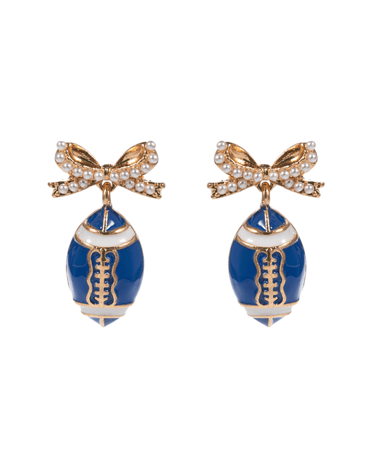 College Color Enameled Football w/ Pearl Paved Bow Earring - 1.25"