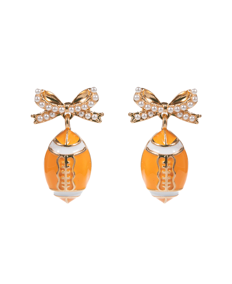 College Color Enameled Football w/ Pearl Paved Bow Earring - 1.25"