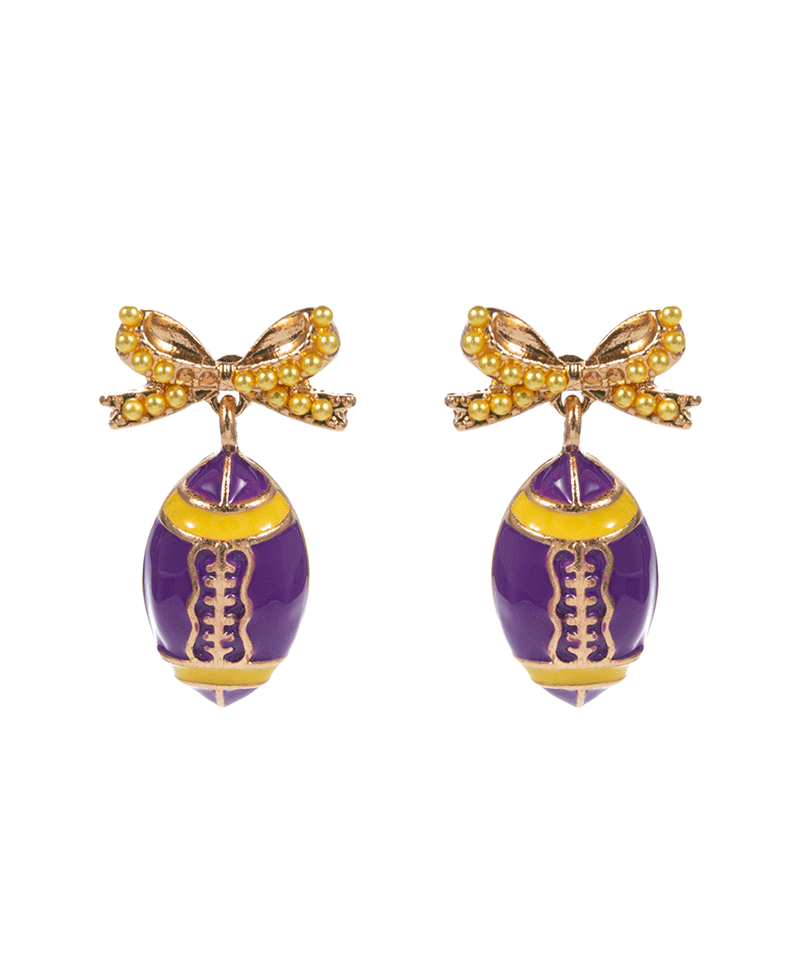 College Color Enameled Football w/ Pearl Paved Bow Earring - 1.25"