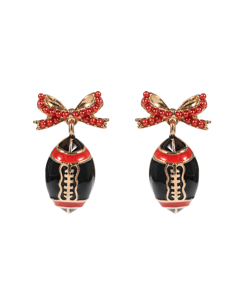 College Color Enameled Football w/ Pearl Paved Bow Earring - 1.25"