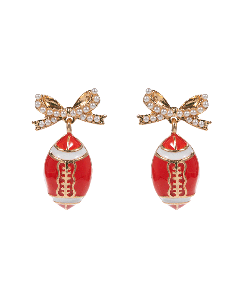 College Color Enameled Football w/ Pearl Paved Bow Earring - 1.25"