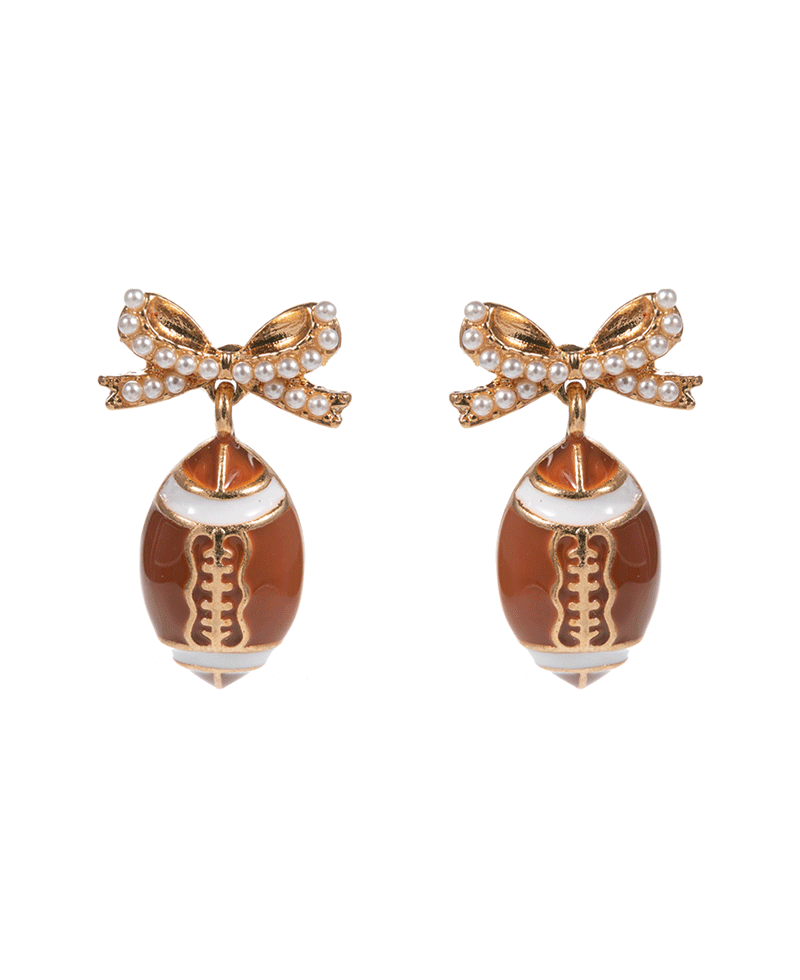 Enameled Football w/ Pearl Paved Bow Earring - 1.25"