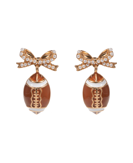 Enameled Football w/ Pearl Paved Bow Earring - 1.25"