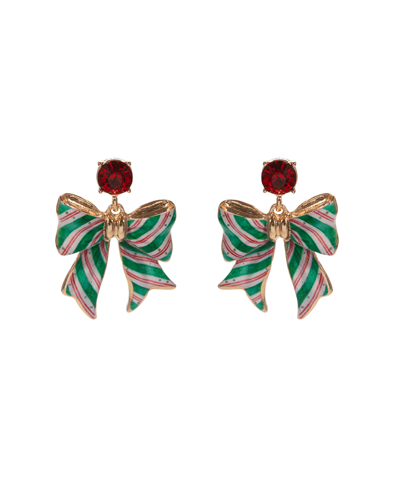 Christmas Pattern Bow Hypo w/ Crystal Earring - 1.5"
