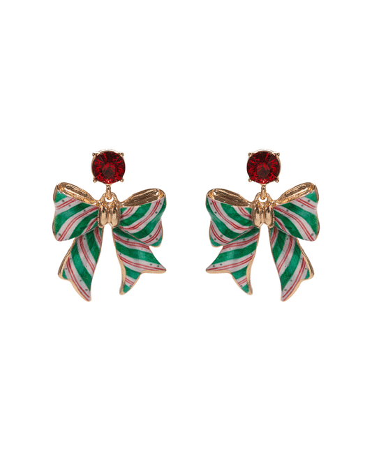 Christmas Pattern Bow Hypo w/ Crystal Earring - 1.5"