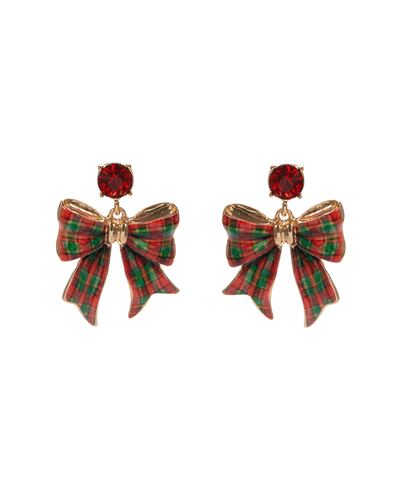 Christmas Pattern Bow Hypo w/ Crystal Earring - 1.5"