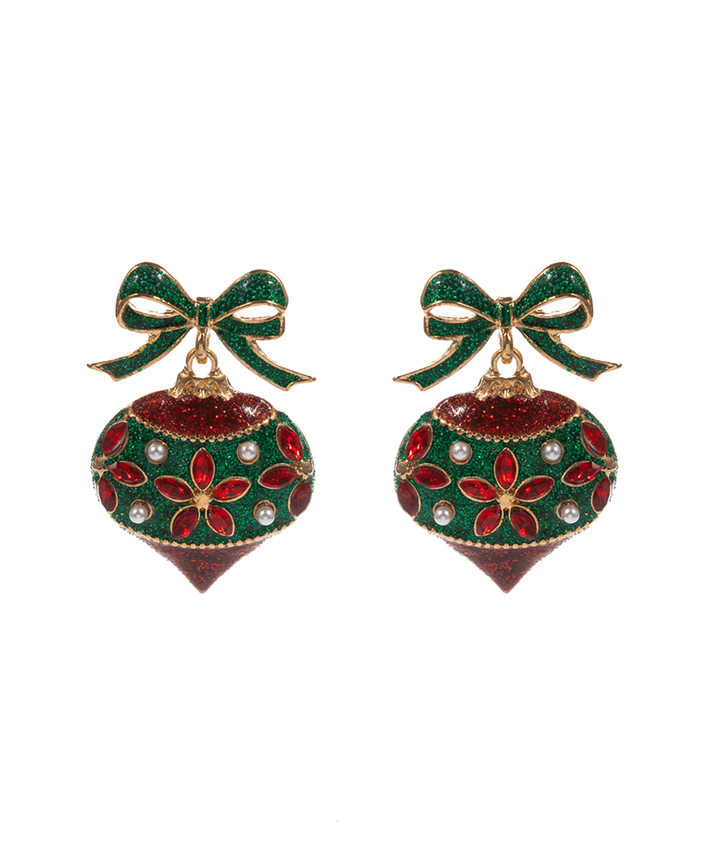 Christmas Ornament Enamel w/ Stone Detail Drop Earring - 1.5"