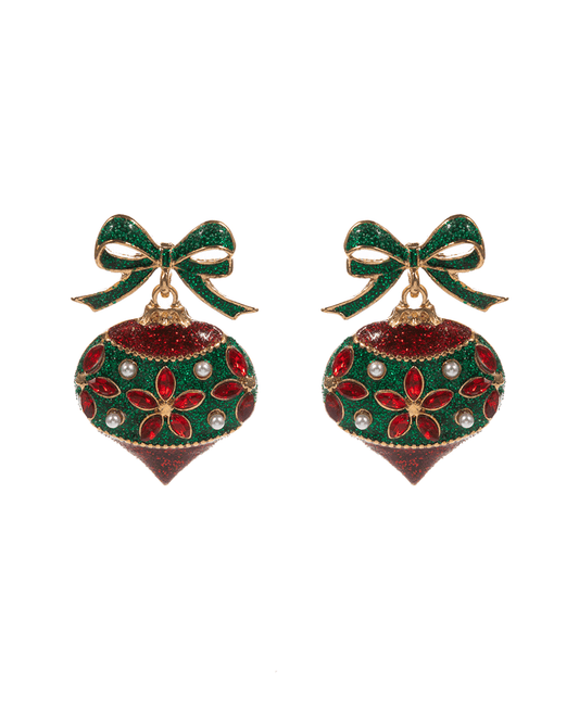 Christmas Ornament Enamel w/ Stone Detail Drop Earring - 1.5"