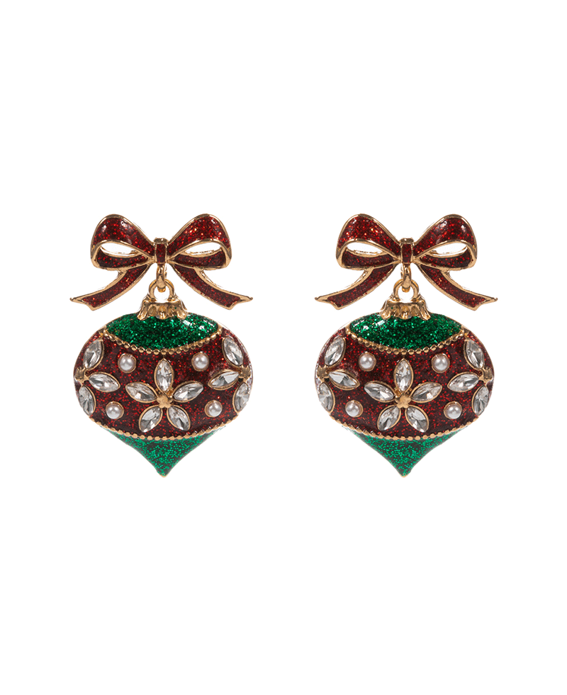 Christmas Ornament Enamel w/ Stone Detail Drop Earring - 1.5"