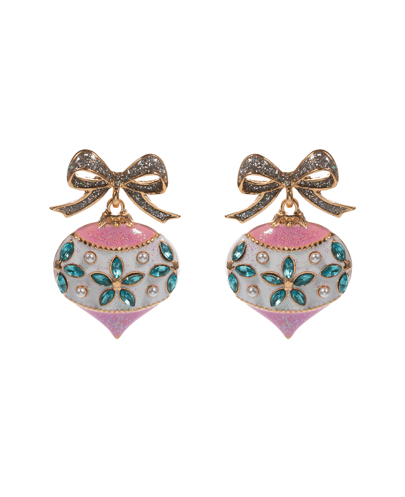 Christmas Ornament Enamel w/ Stone Detail Drop Earring - 1.5"